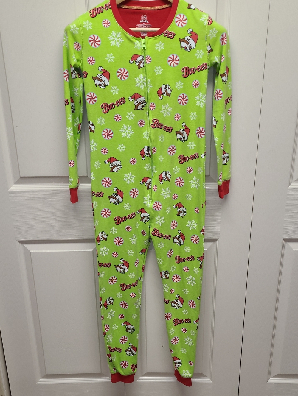 Festive Buc-ee's Lime Green Kids Christmas Holiday One piece Zip Pajama